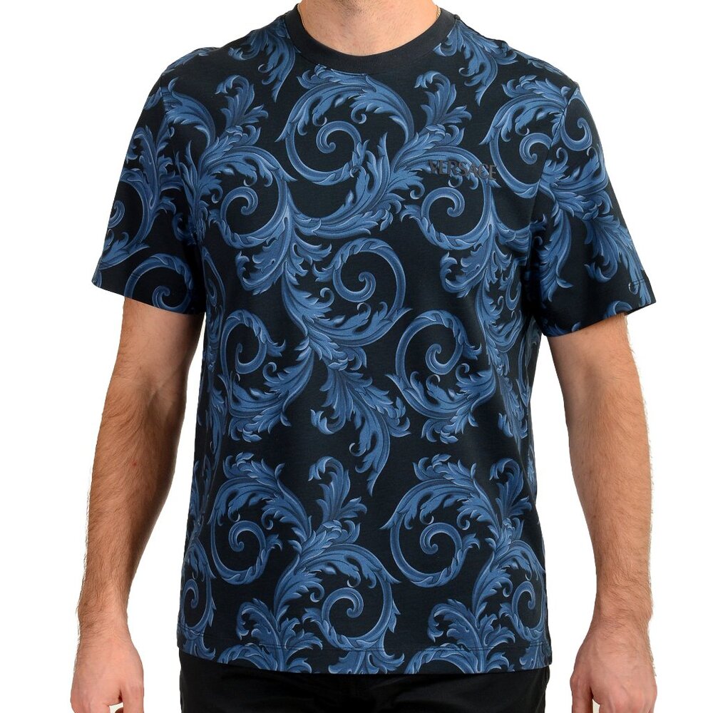 Versace Men's Navy Blue Barocco Logo Print Short Sleeve T-Shirt US XL IT 54